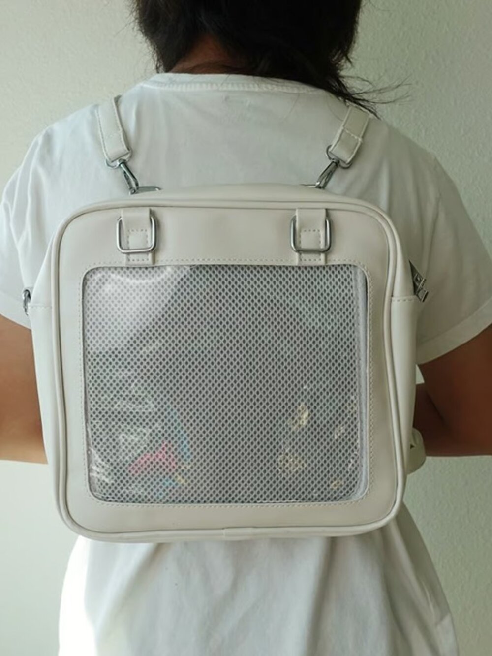 Pearl White Ita Bag Vegan Leather Crossbody Backpack Kawaii Pin Display Purse